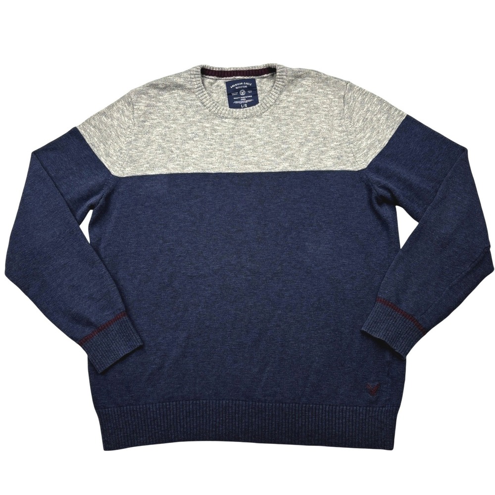 American Eagle Mens Large Gray Navy Colorblock 100 Cotton Crewneck Sweater L
